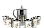 Premium Stainless Steel Jug Set with 6 Designer Tumblers – Floral Engraved Collection
